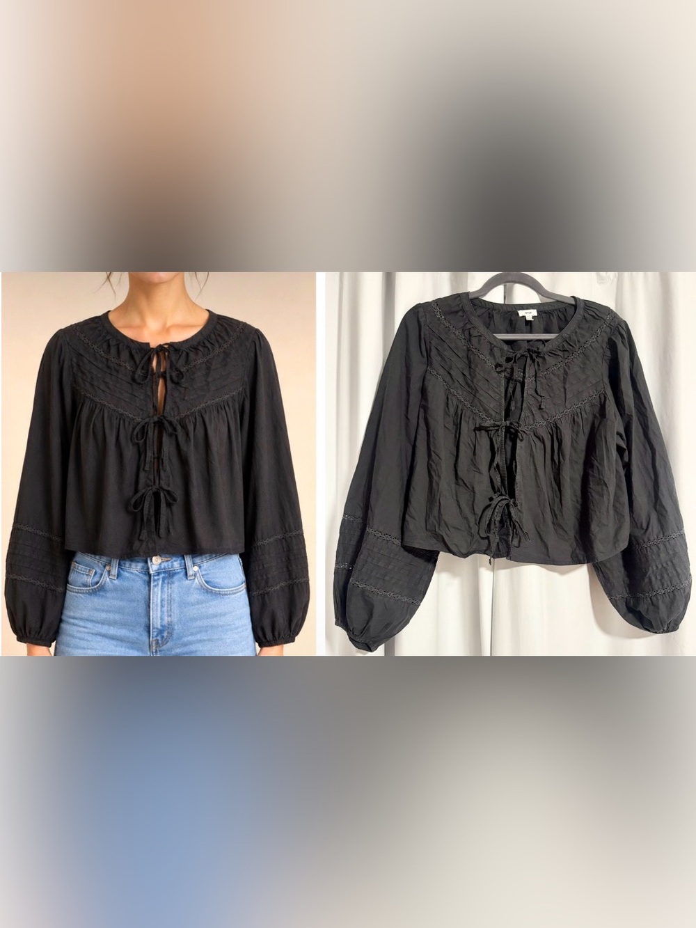 Aerie Women’s Medium Boho Crochet Lace Tie Front Blouse Balloon Puff Sleeve Top